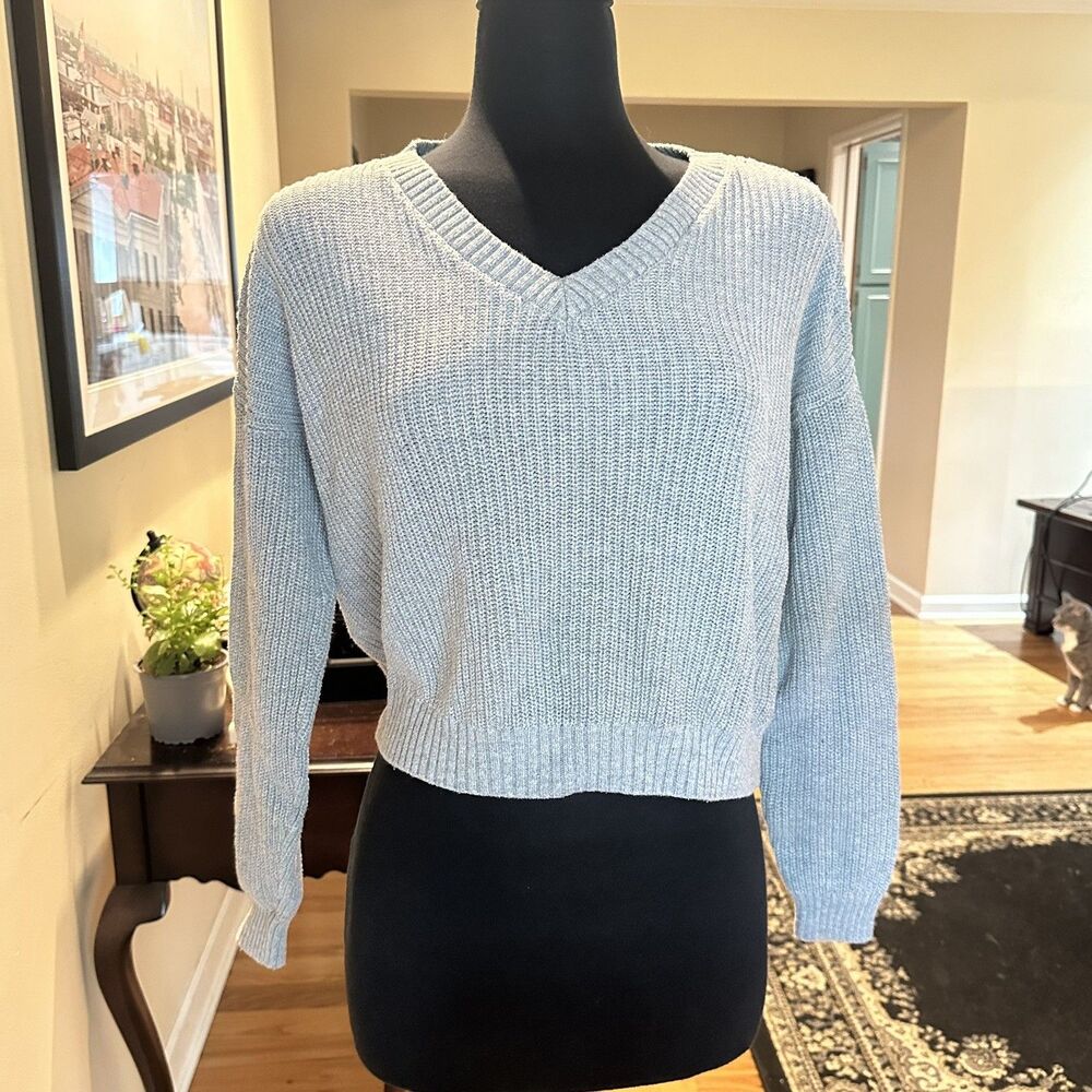 Fall Hollister Chunky Long Sleeve V-Neck Drop Shoulder Sweater Grey XXS